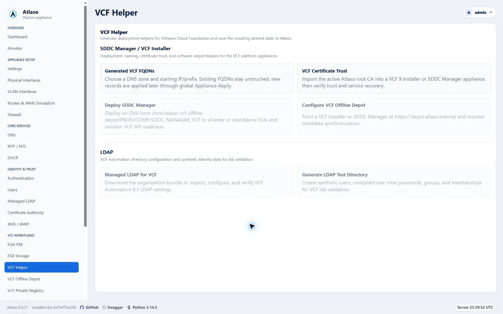 Atlaso VCF Helper page in the clean-appliance desktop viewport.