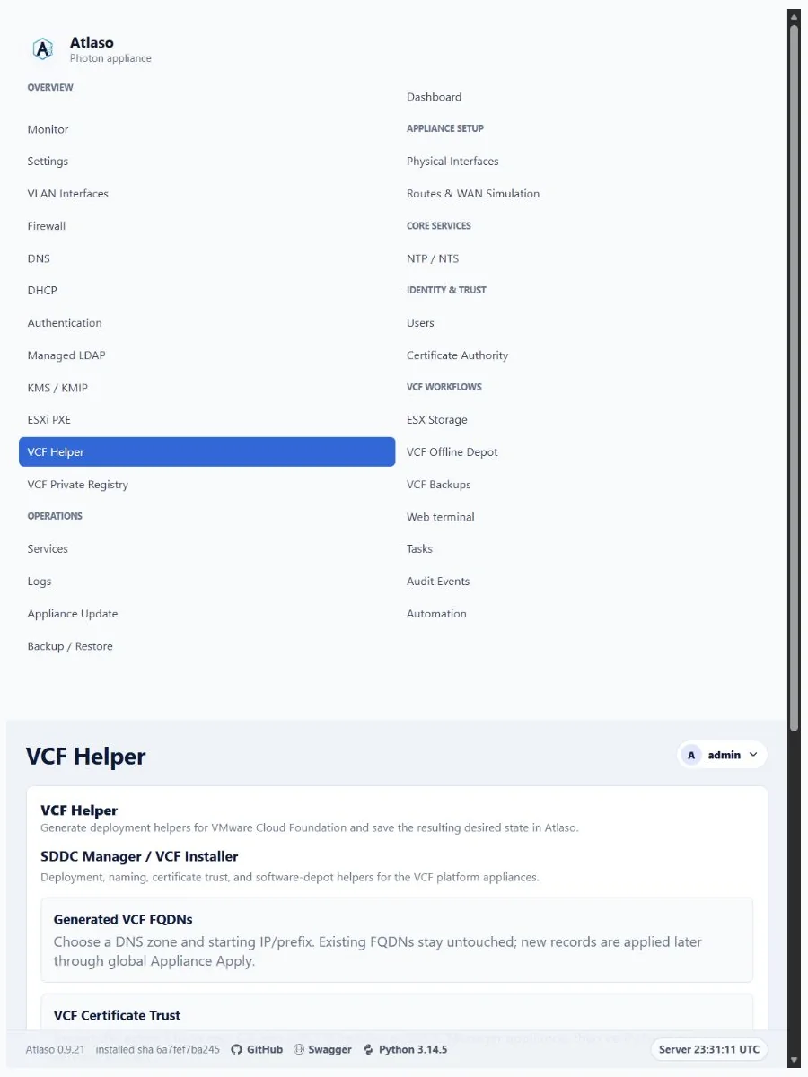 Atlaso VCF Helper page in the clean-appliance responsive viewport.