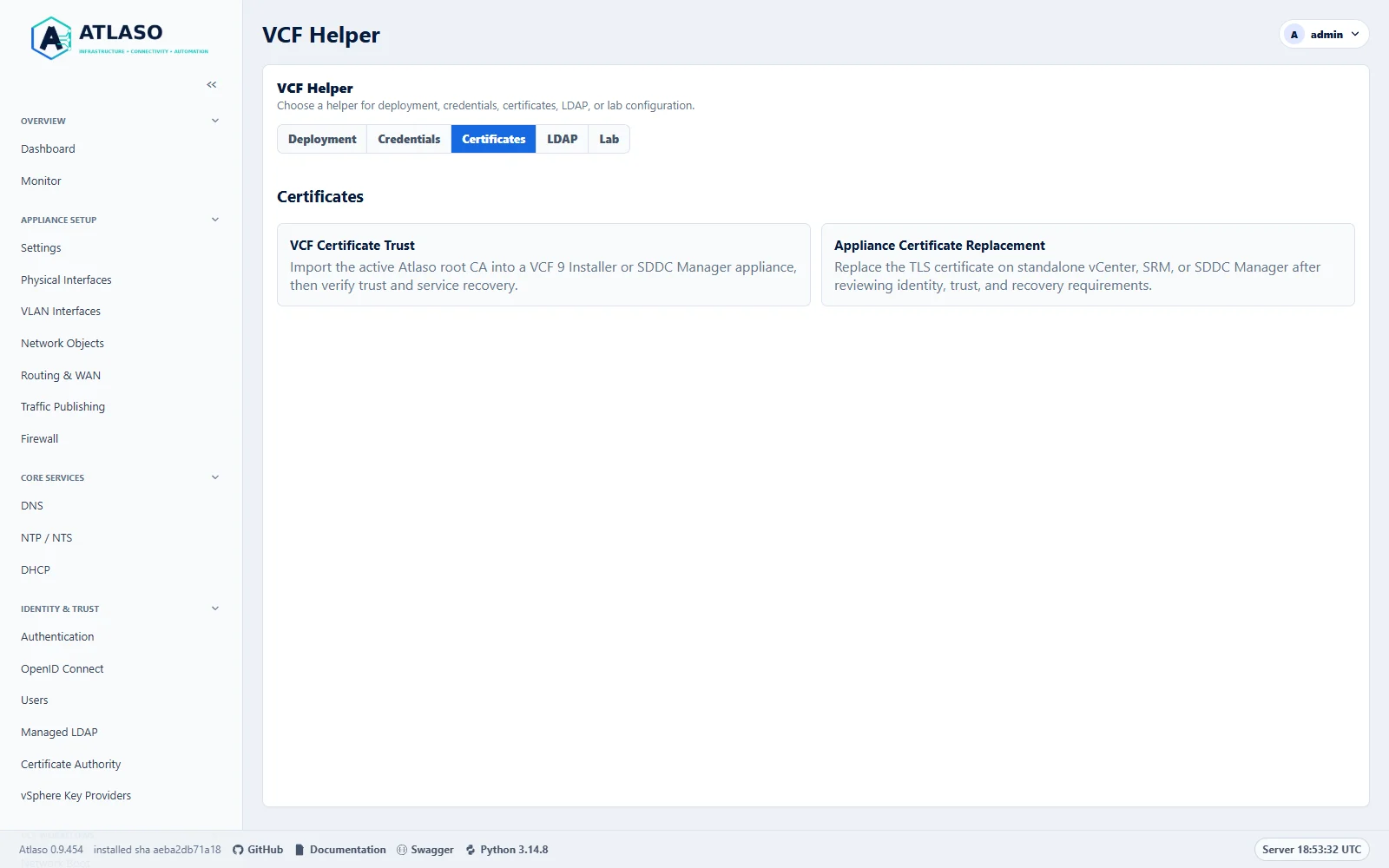 Atlaso VCF Helper Certificates tab in the desktop viewport.