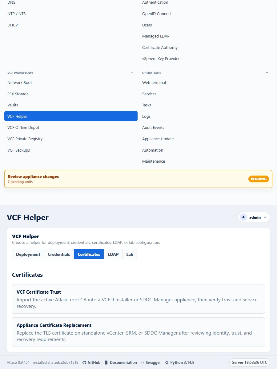 Atlaso VCF Helper Certificates tab in the responsive viewport.