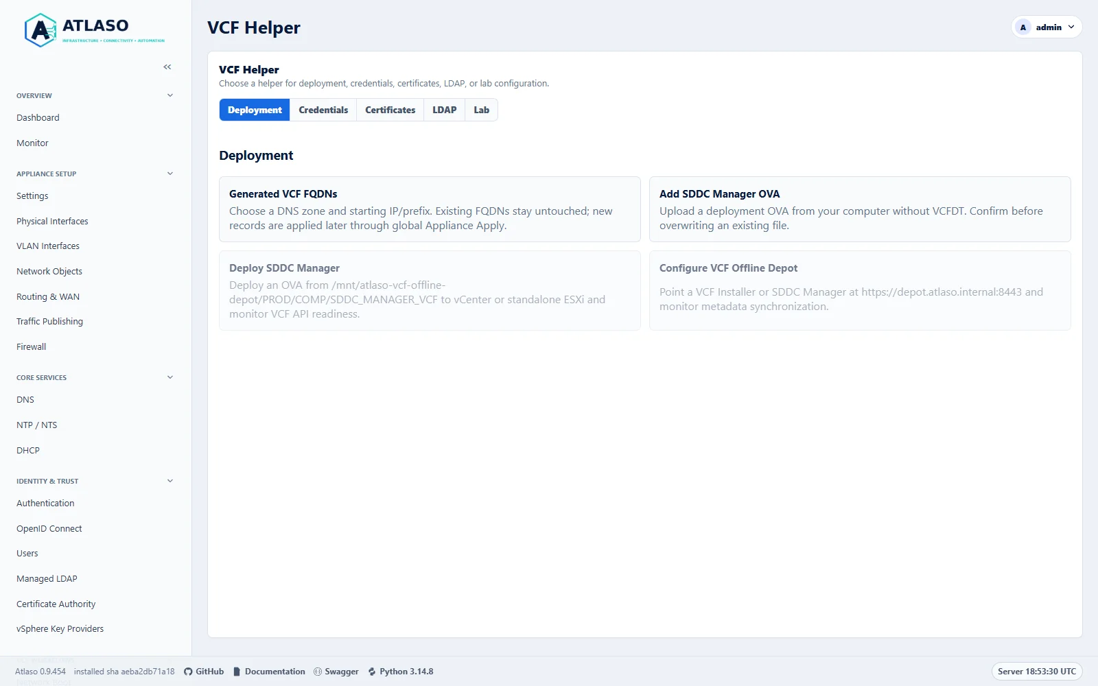 Atlaso VCF Helper Deployment tab in the desktop viewport.