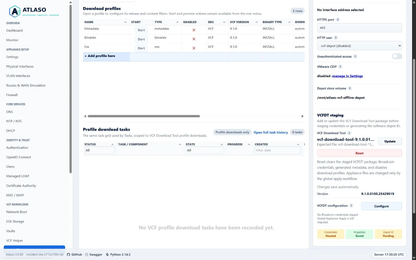 Atlaso VCF Offline Depot desktop page showing Metadata before Binaries and ESX profiles and the combined VCFDT configuration action.