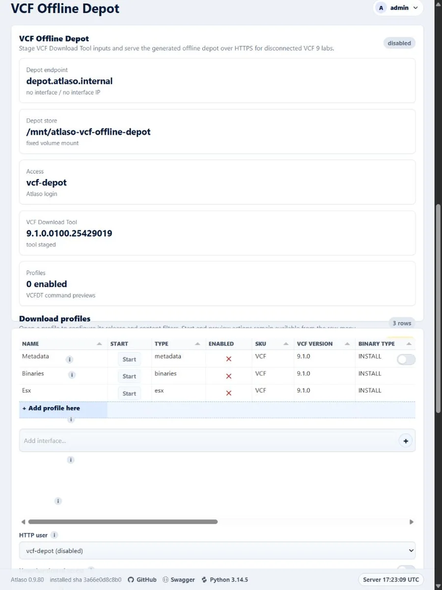 Atlaso VCF Offline Depot responsive page showing Metadata first with the add-profile row pinned last.