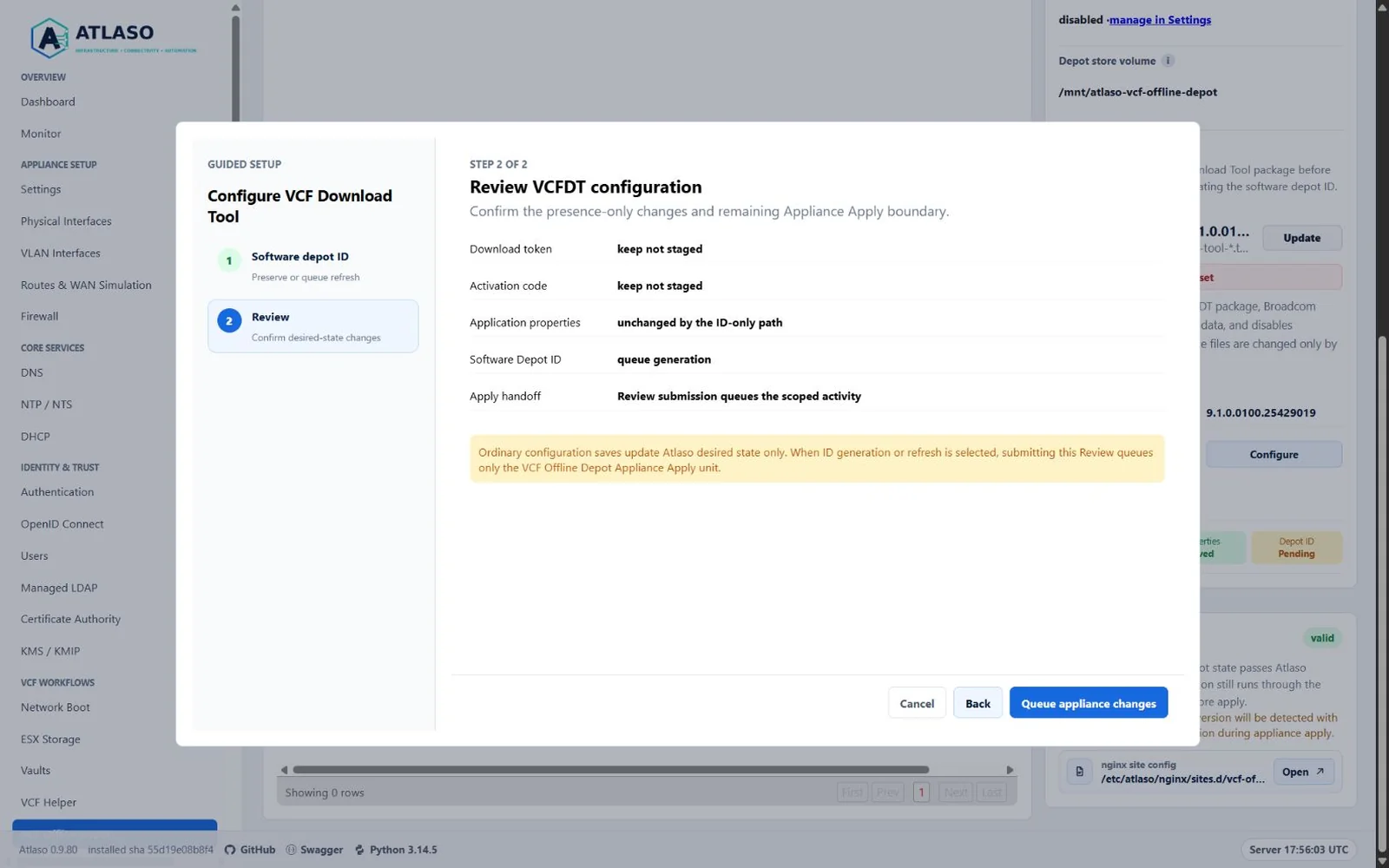 Atlaso two-step VCFDT Software Depot ID wizard Review with a Queue Software Depot ID task action and no additional confirmation dialog.