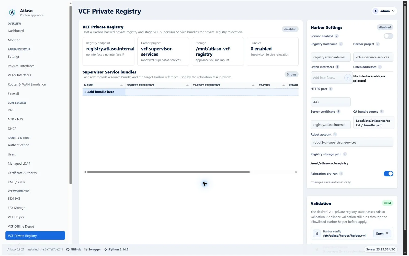 Atlaso VCF Private Registry page in the clean-appliance desktop viewport.