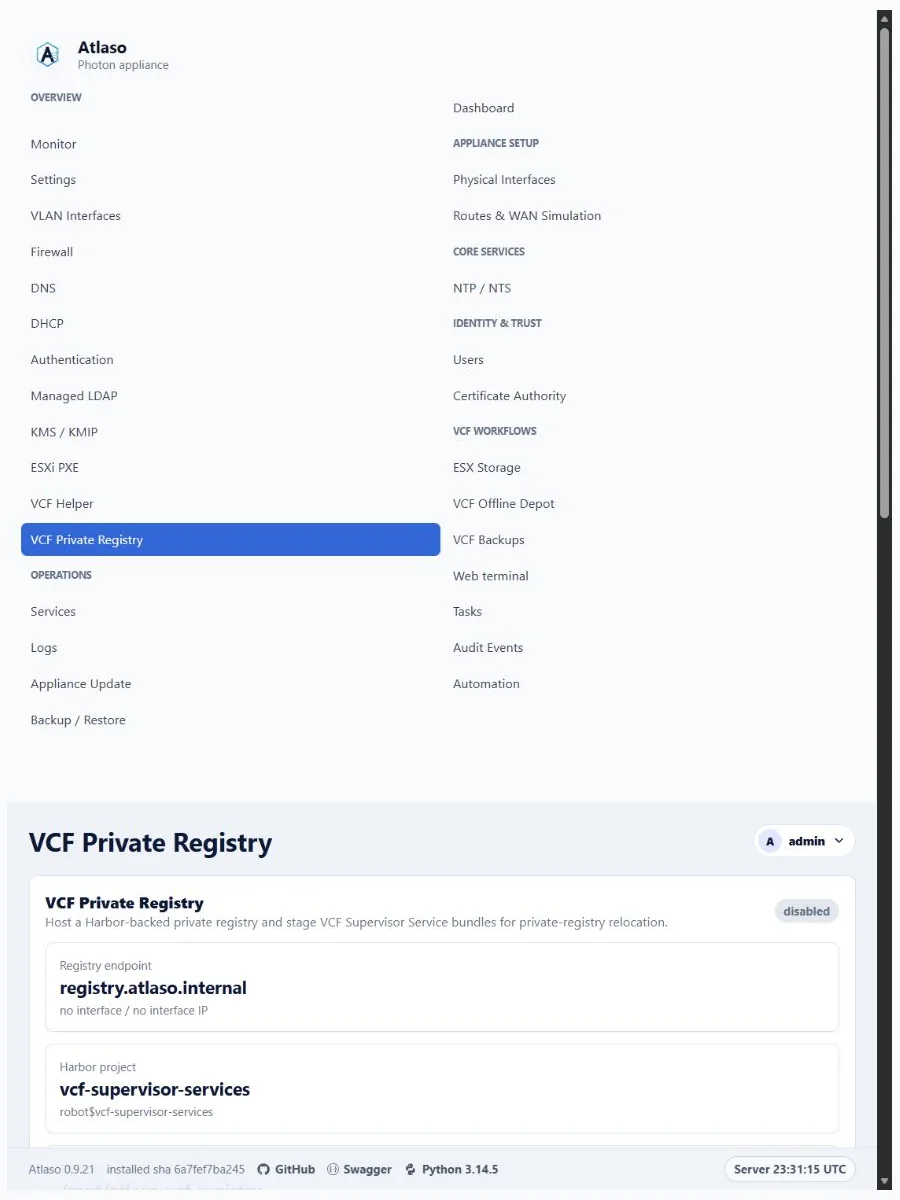 Atlaso VCF Private Registry page in the clean-appliance responsive viewport.
