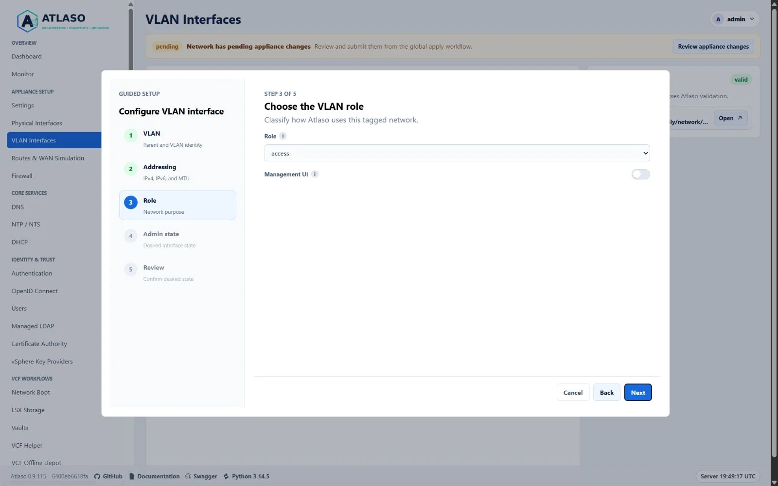 Atlaso VLAN Interfaces add wizard Role step showing access as the default role with the Management UI switch.