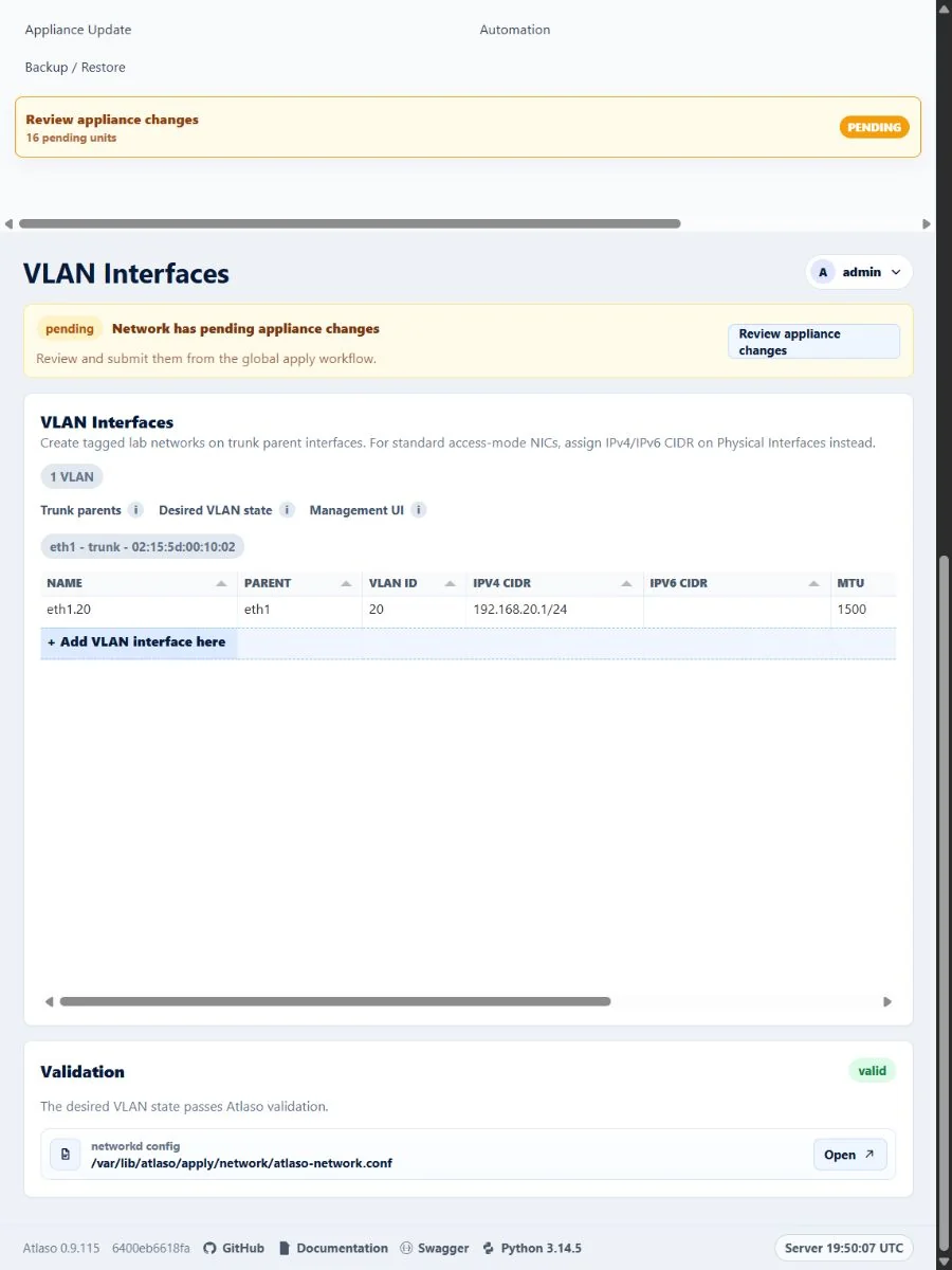 Responsive Atlaso VLAN Interfaces page backed by the canonical management, access, route, and unused roles.