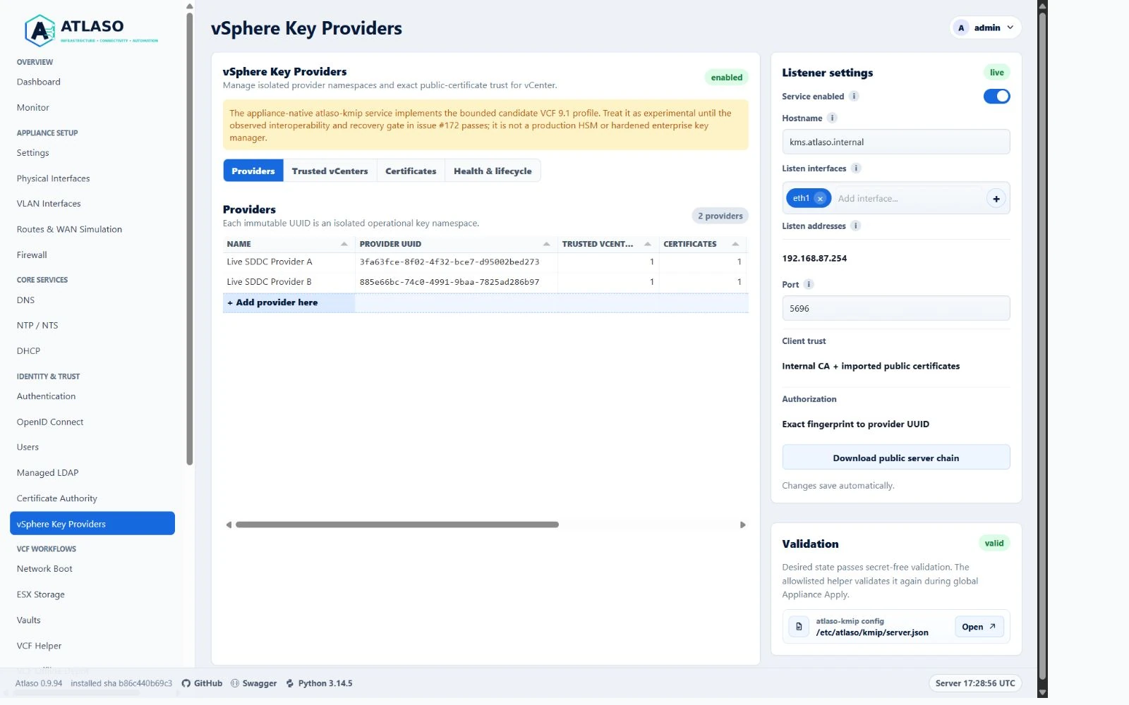 Atlaso vSphere Key Providers page in the clean-appliance desktop viewport.