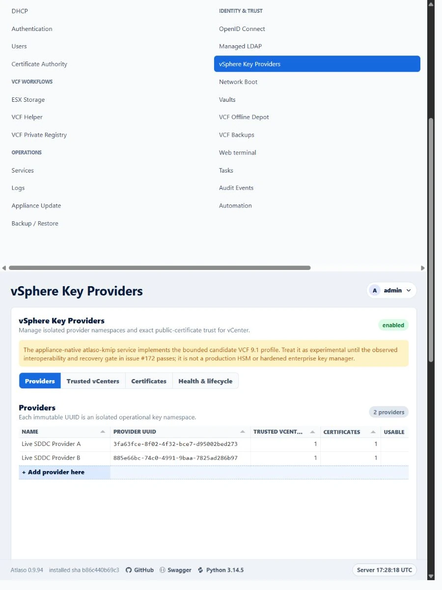 Atlaso vSphere Key Providers page in the clean-appliance responsive viewport.