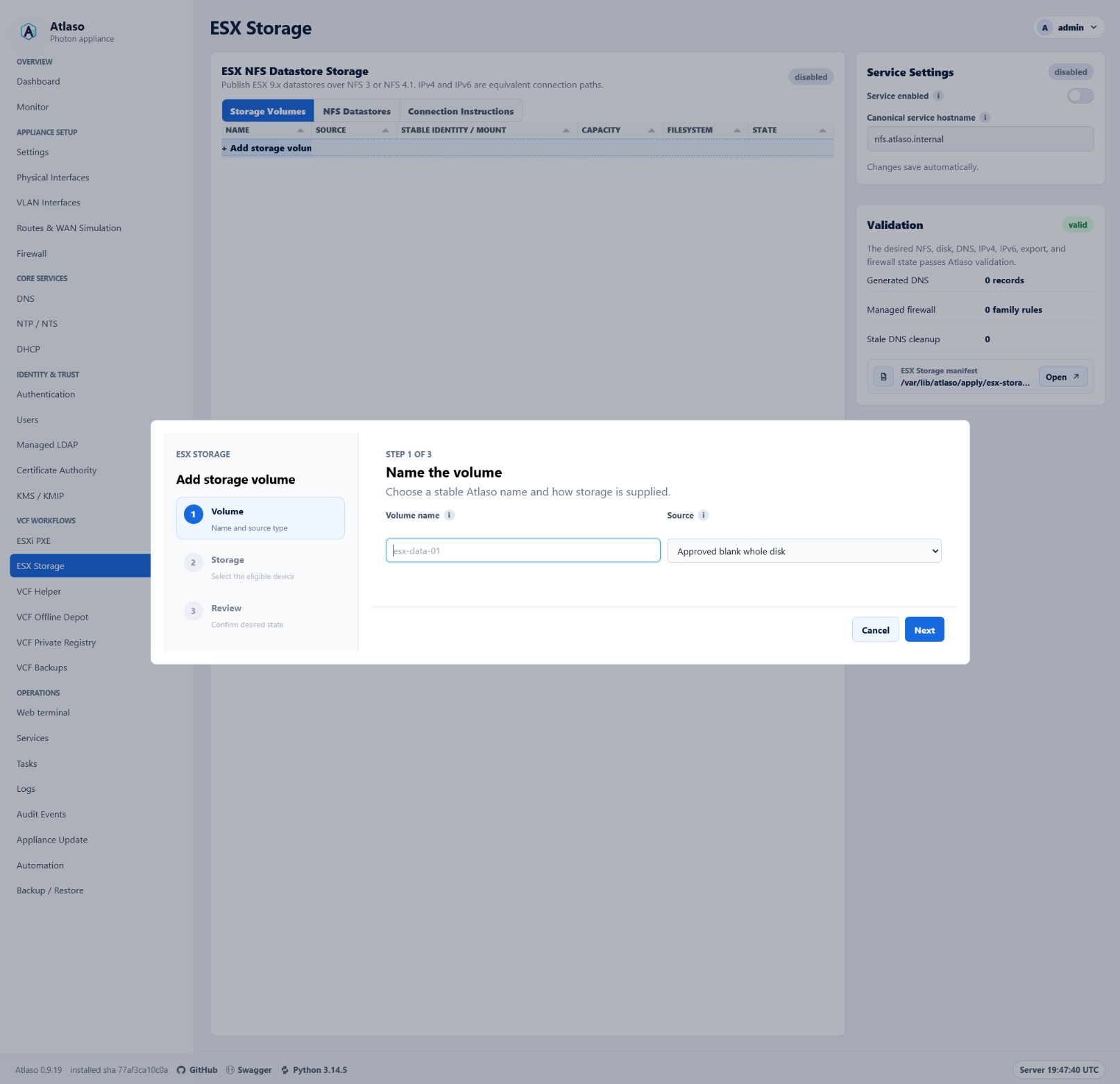 ESX Storage grid-launched wizard reference